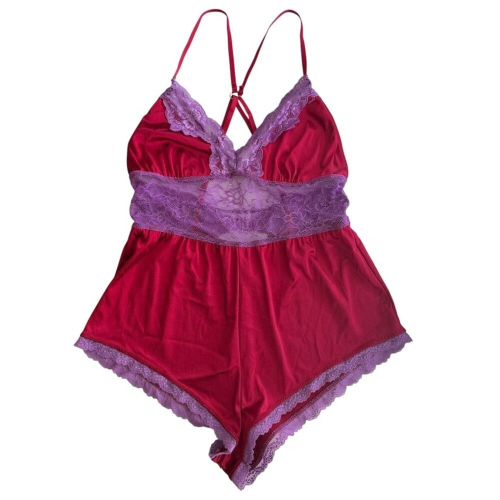 Forever21 Red Satin & Light Purple Floral Lace Lingerie Romper Size Medium